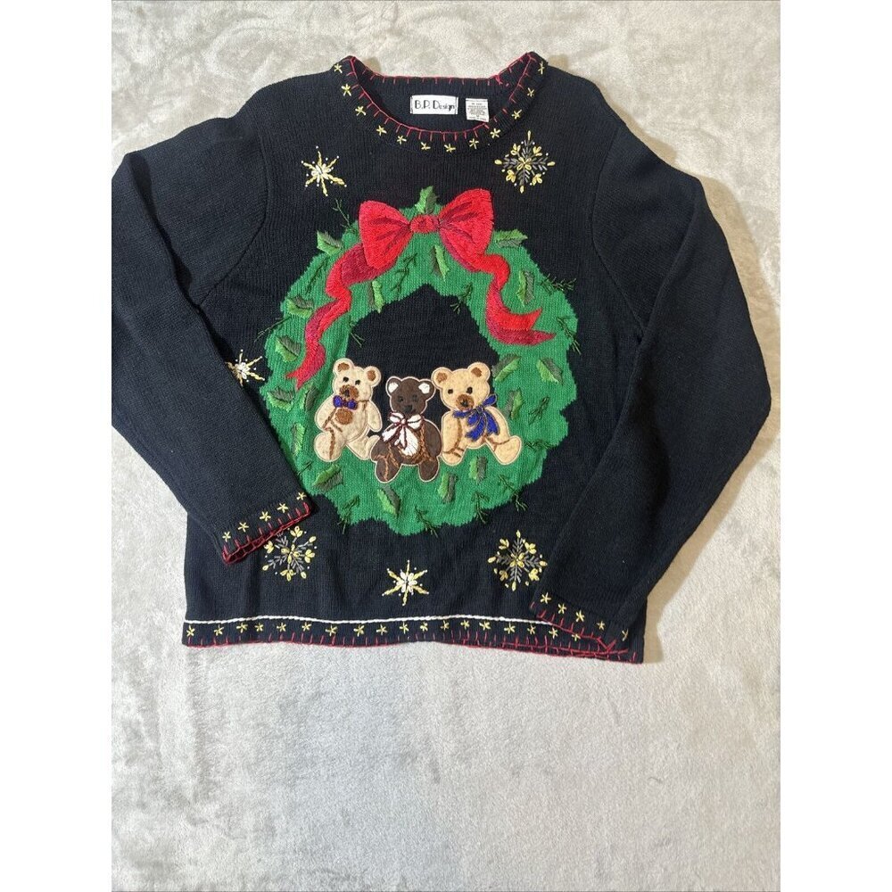 Women’s Vintage Christmas Sweater Granny Core Black Green B.P Design Size Medium - Picture 7 of 14
